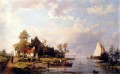 A River Landscape With A Ferry And Figures Mending A Boat Hermanus Snr Koekkoek seascape boat